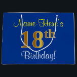 Elegant, Blue, Faux Gold 18th Birthday   Name Large Gift Bag<br><div class="desc">This simple, elegant birthday gift bag design features a personalised message like "Name-Here’s 18th Birthday!" (with the "18th" having a faux/imitation gold-like colouring look) on a blue coloured background. The name is in script-like, yellow-coloured text, and can be personalised. A personalised birthday gift bag like this could perhaps be used...</div>
