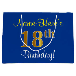 Elegant, Blue, Faux Gold 18th Birthday + Name Large Gift Bag