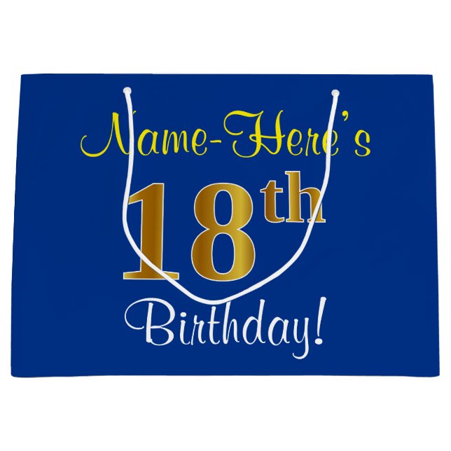 Elegant, Blue, Faux Gold 18th Birthday + Name Large Gift Bag (Front)