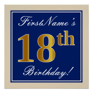 Elegant, Blue, Faux Gold 18th Birthday + Name Poster