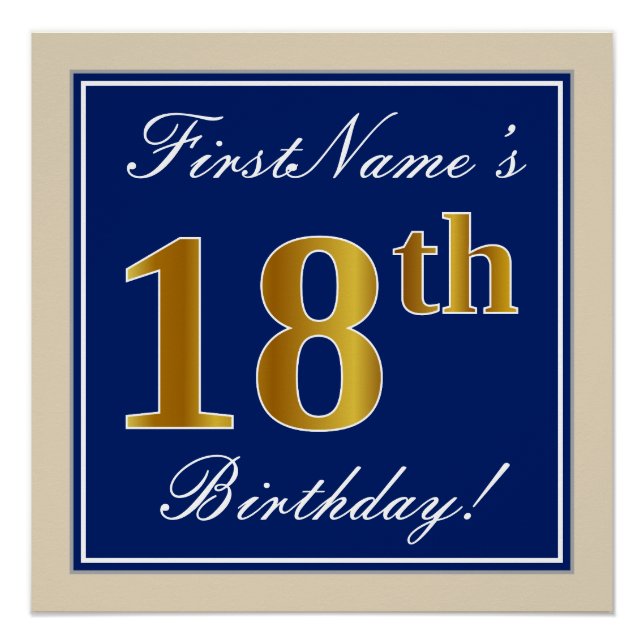 Elegant, Blue, Faux Gold 18th Birthday + Name Poster (Front)