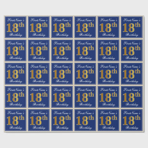 Elegant, Blue, Faux Gold 18th Birthday + Name Wrapping Paper