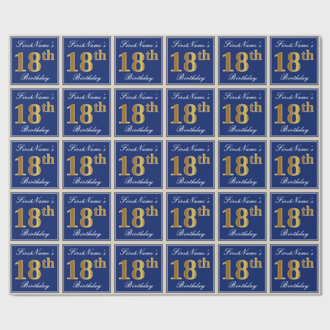 Elegant, Blue, Faux Gold 18th Birthday + Name Wrapping Paper (Flat)