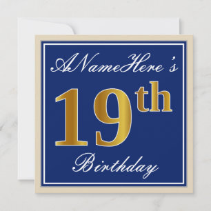 Elegant, Blue, Faux Gold 19th Birthday + Name Invitation