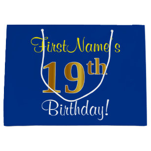 Elegant, Blue, Faux Gold 19th Birthday + Name Large Gift Bag