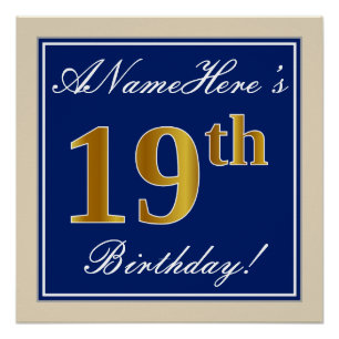 Elegant, Blue, Faux Gold 19th Birthday + Name Poster