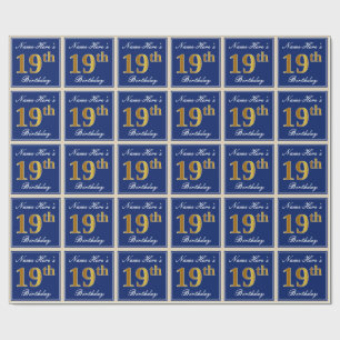 Elegant, Blue, Faux Gold 19th Birthday + Name Wrapping Paper