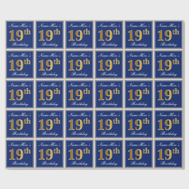 Elegant, Blue, Faux Gold 19th Birthday + Name Wrapping Paper (Flat)