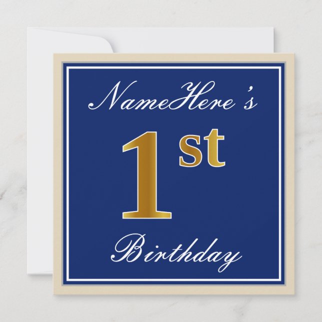 Elegant, Blue, Faux Gold 1st Birthday; Custom Name Invitation (Front)