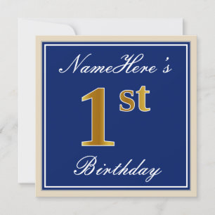 Elegant, Blue, Faux Gold 1st Birthday; Custom Name Invitation
