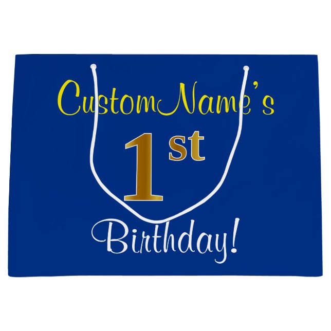 Elegant, Blue, Faux Gold 1st Birthday; Custom Name Large Gift Bag (Front)