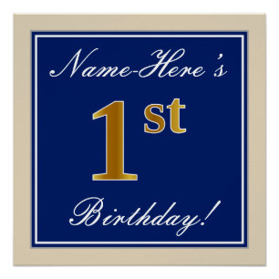 Elegant, Blue, Faux Gold 1st Birthday; Custom Name Poster