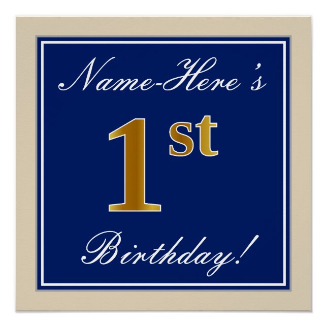 Elegant, Blue, Faux Gold 1st Birthday; Custom Name Poster (Front)
