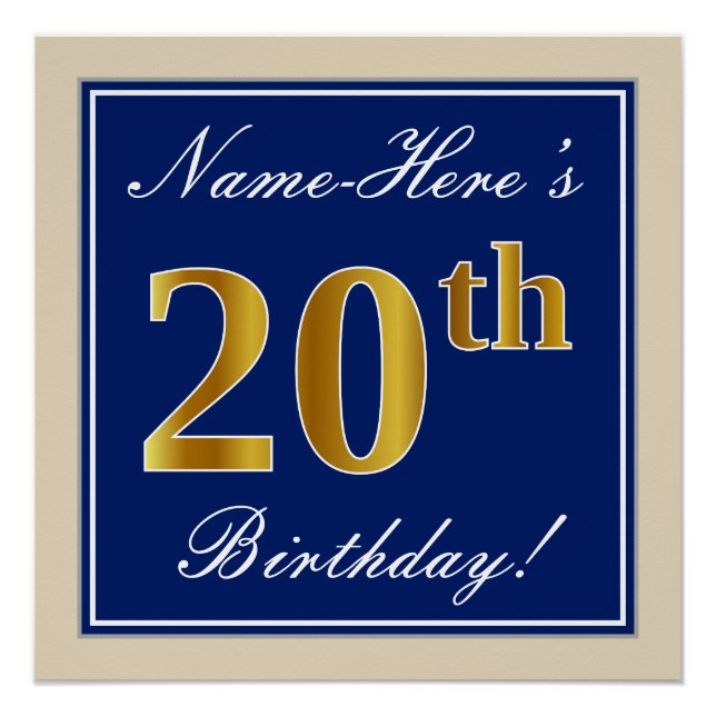 Elegant, Blue, Faux Gold 20th Birthday + Name Poster (Front)