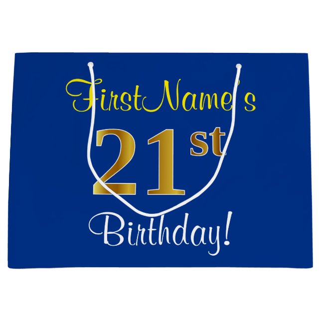 Elegant, Blue, Faux Gold 21st Birthday + Name Large Gift Bag (Front)