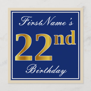 Elegant, Blue, Faux Gold 22nd Birthday + Name Invitation