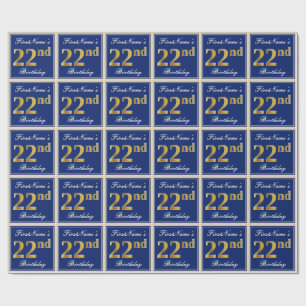 Elegant, Blue, Faux Gold 22nd Birthday + Name Wrapping Paper