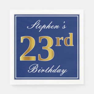 Elegant Blue, Faux Gold 23rd Birthday; Custom Name Napkin