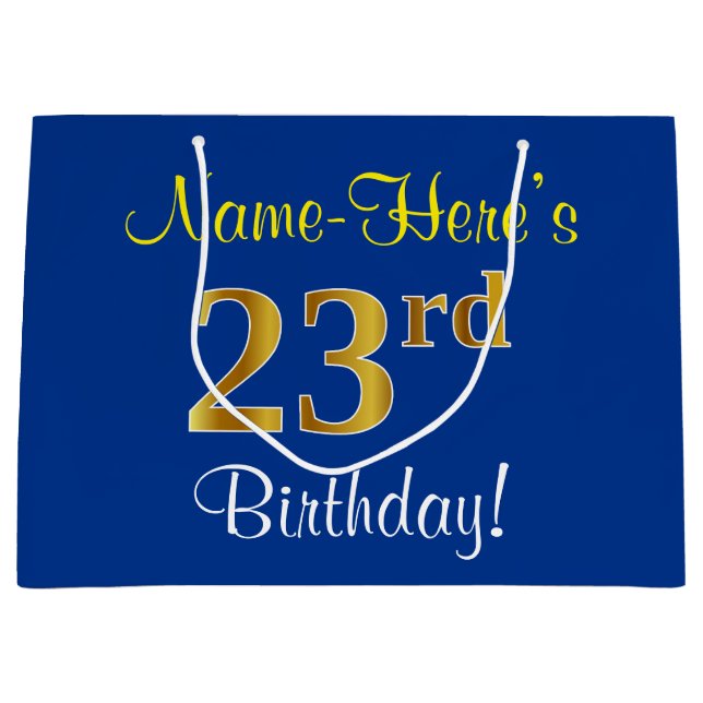 Elegant, Blue, Faux Gold 23rd Birthday + Name Large Gift Bag (Front)
