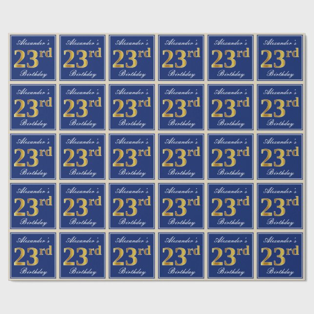 Elegant, Blue, Faux Gold 23rd Birthday + Name Wrapping Paper (Flat)