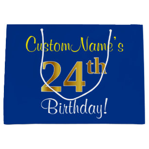Elegant, Blue, Faux Gold 24th Birthday + Name Large Gift Bag