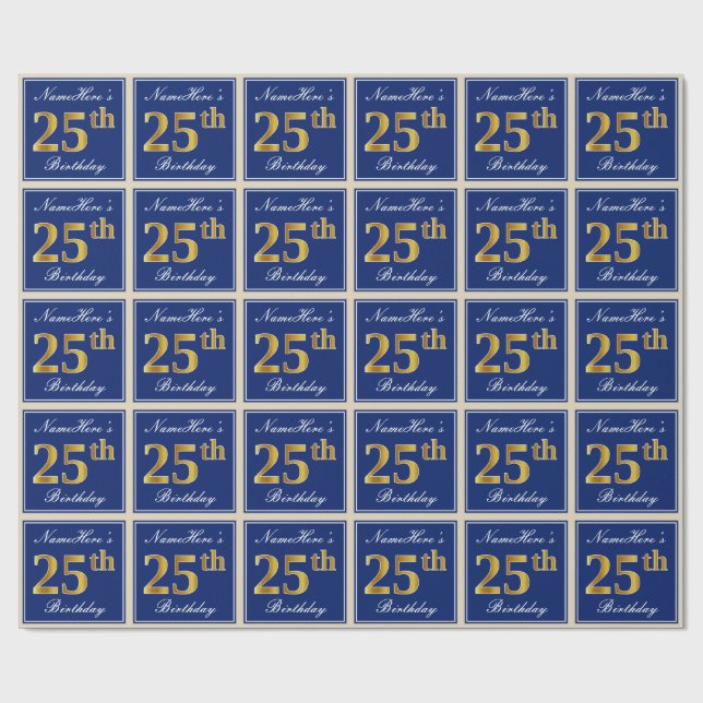 Elegant, Blue, Faux Gold 25th Birthday + Name Wrapping Paper (Flat)