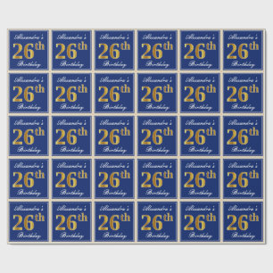 Elegant, Blue, Faux Gold 26th Birthday + Name Wrapping Paper