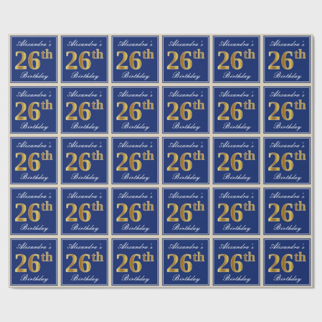 Elegant, Blue, Faux Gold 26th Birthday + Name Wrapping Paper (Flat)