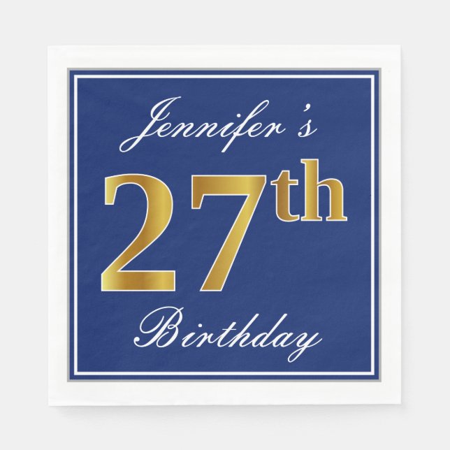 Elegant Blue, Faux Gold 27th Birthday; Custom Name Napkin (Front)