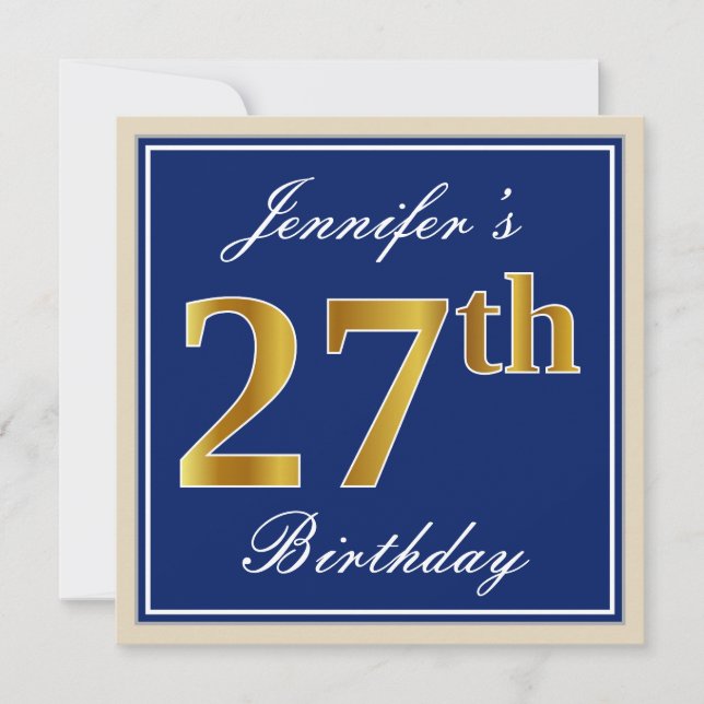 Elegant, Blue, Faux Gold 27th Birthday + Name Invitation (Front)