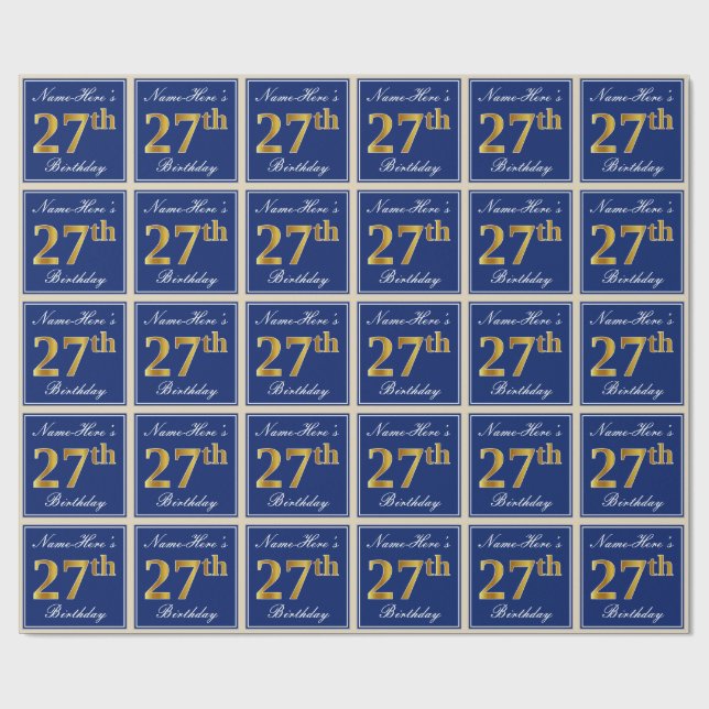 Elegant, Blue, Faux Gold 27th Birthday + Name Wrapping Paper (Flat)