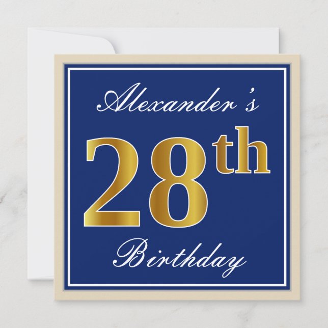 Elegant, Blue, Faux Gold 28th Birthday + Name Invitation (Front)