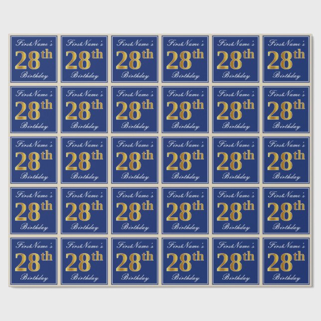 Elegant, Blue, Faux Gold 28th Birthday + Name Wrapping Paper (Flat)