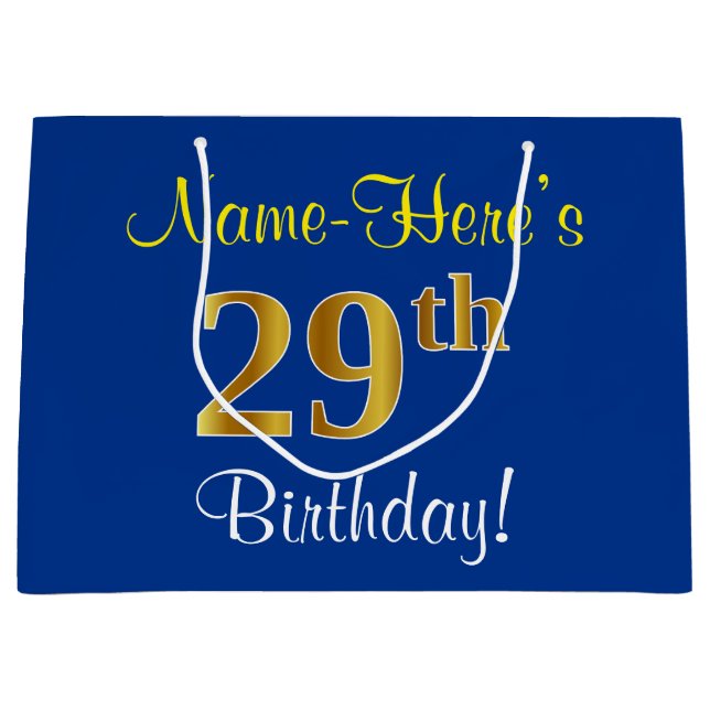Elegant, Blue, Faux Gold 29th Birthday + Name Large Gift Bag (Front)
