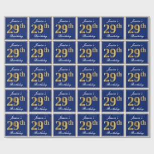 Elegant, Blue, Faux Gold 29th Birthday + Name Wrapping Paper