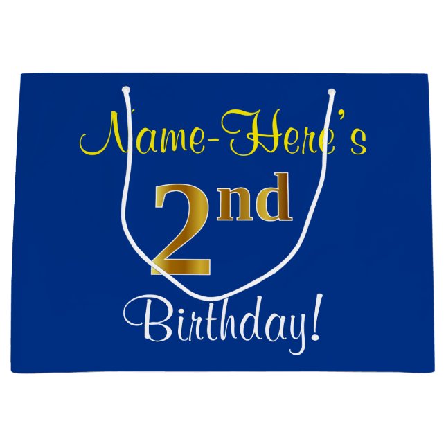 Elegant, Blue, Faux Gold 2nd Birthday; Custom Name Large Gift Bag (Front)