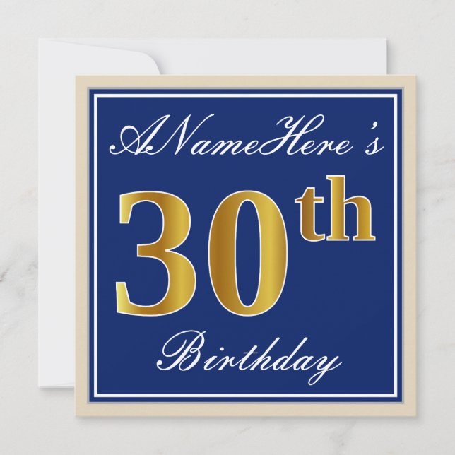 Elegant, Blue, Faux Gold 30th Birthday + Name Invitation (Front)