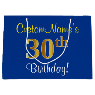 Elegant, Blue, Faux Gold 30th Birthday + Name Large Gift Bag