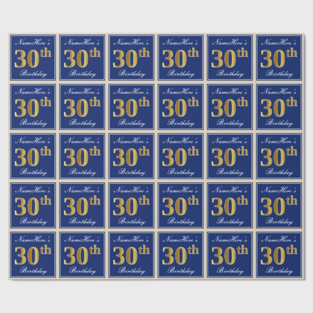 Elegant, Blue, Faux Gold 30th Birthday + Name Wrapping Paper (Flat)