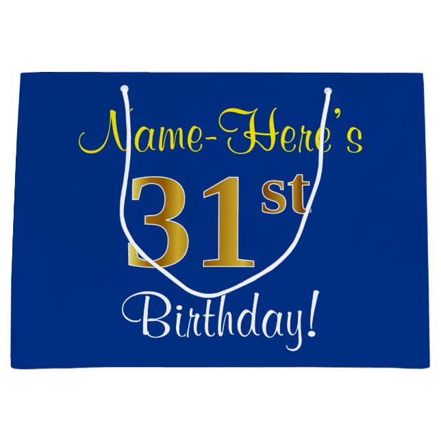 Elegant, Blue, Faux Gold 31st Birthday + Name Large Gift Bag (Front)