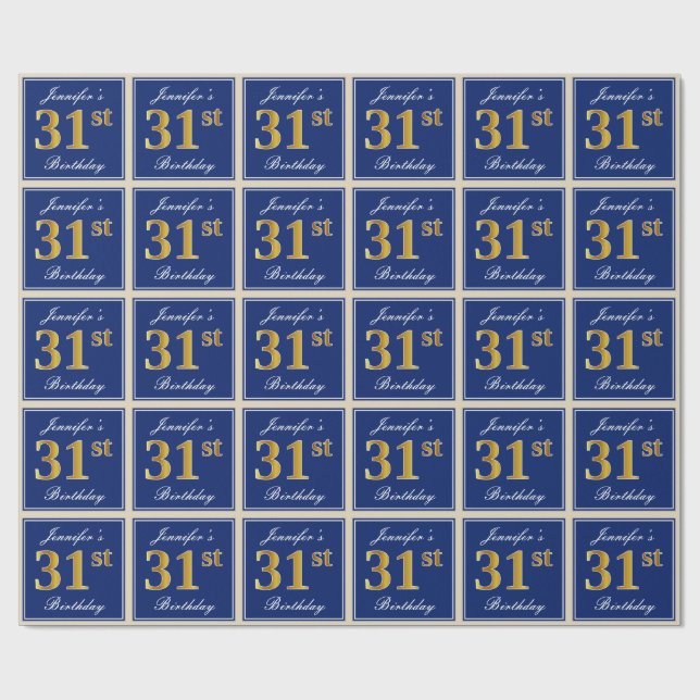 Elegant, Blue, Faux Gold 31st Birthday + Name Wrapping Paper (Flat)