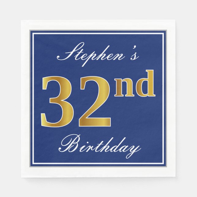 Elegant Blue, Faux Gold 32nd Birthday; Custom Name Napkin (Front)