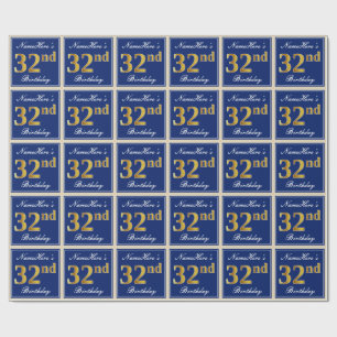 Elegant, Blue, Faux Gold 32nd Birthday + Name Wrapping Paper