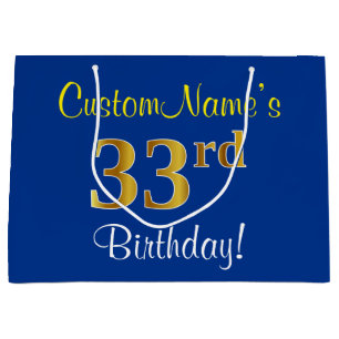 Elegant, Blue, Faux Gold 33rd Birthday + Name Large Gift Bag