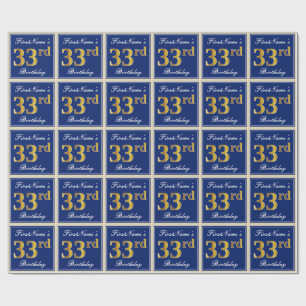 Elegant, Blue, Faux Gold 33rd Birthday + Name Wrapping Paper