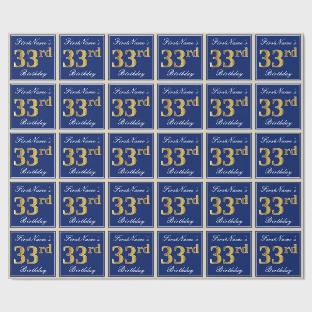 Elegant, Blue, Faux Gold 33rd Birthday + Name Wrapping Paper (Flat)