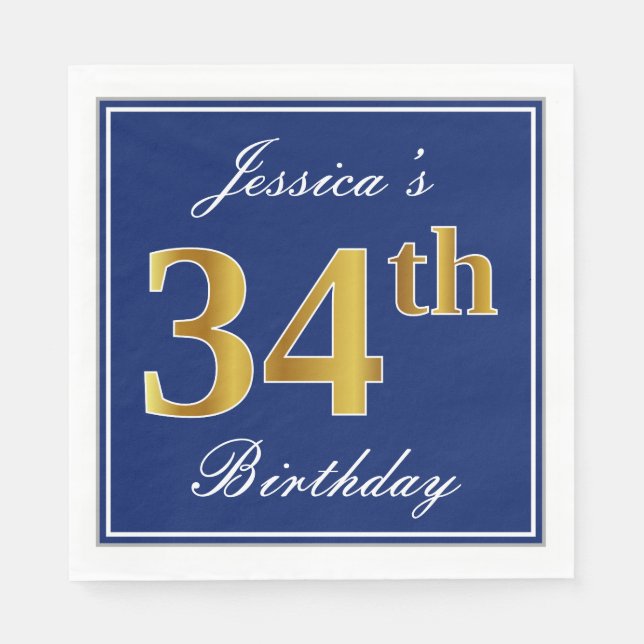 Elegant Blue, Faux Gold 34th Birthday; Custom Name Napkin (Front)