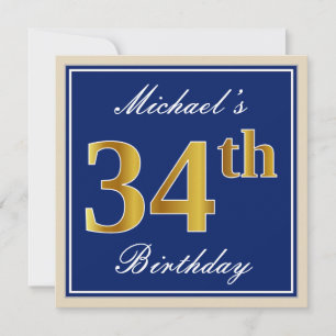 Elegant, Blue, Faux Gold 34th Birthday + Name Invitation