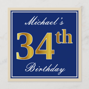 Elegant, Blue, Faux Gold 34th Birthday + Name Invitation