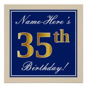 Elegant, Blue, Faux Gold 35th Birthday + Name Poster